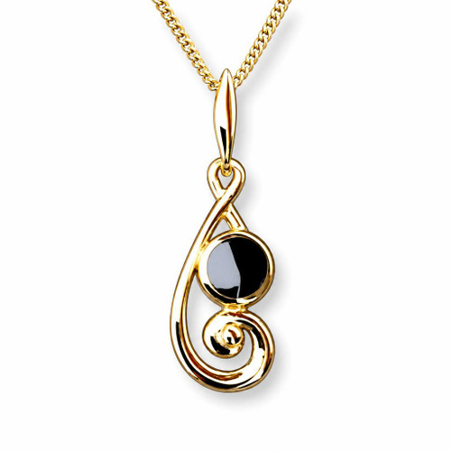 Handcrafted Whitby Jet 9ct yellow gold treble clef pendant necklace in gift box