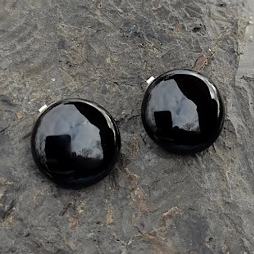 Handmade large round Whitby Jet and sterling silver clip on earrings