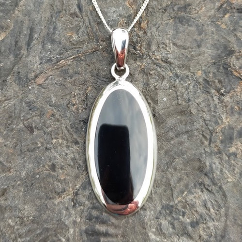 Large oval cushion edge Whitby Jet sterling silver pendant