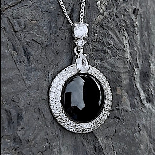 Hand crafted round Whitby Jet sterling silver and cubic zirconia necklace