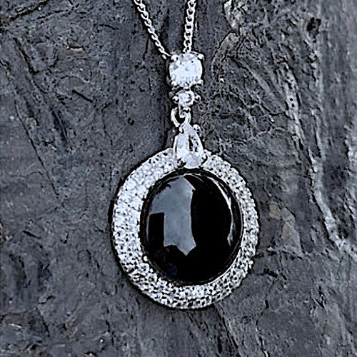 Hand crafted round Whitby Jet sterling silver and cubic zirconia necklace