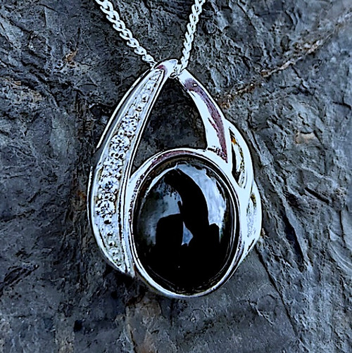 Fancy sterling silver Whitby Jet cubic zirconia asymmetrical pendant with oval stone