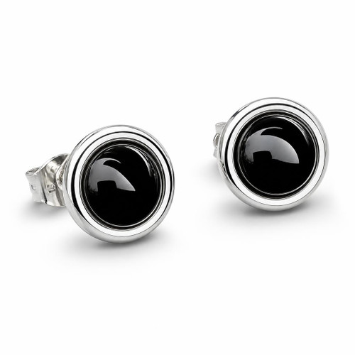 Modern round sterling silver stud earrings with Whitby Jet cabochons and a wide silver edge