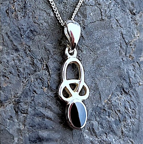 Small curved sterling silver Whitby Jet Celtic loop necklace with presentation box