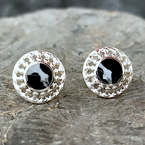 Large curved sterling silver Whitby Jet wheel style stud earrings