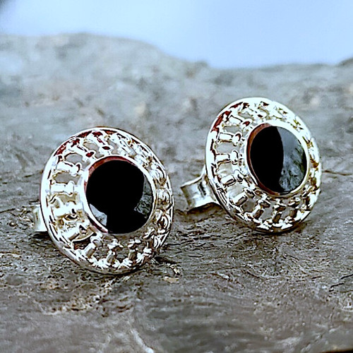 925 silver large wheel ear studs with hand carved round Whitby Jet stones