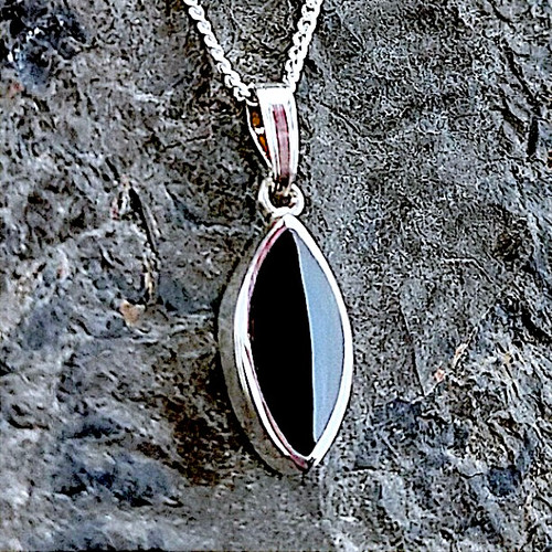 Small marquise cut Whitby Jet pendant on sterling silver curb chain