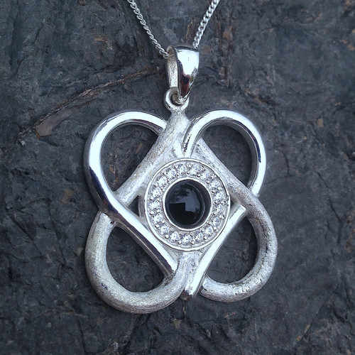 Large Whitby Jet cubic zirconia sterling silver intertwined hearts pendant