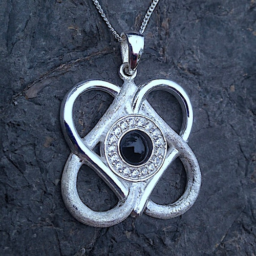 Large Whitby Jet cubic zirconia sterling silver intertwined hearts pendant
