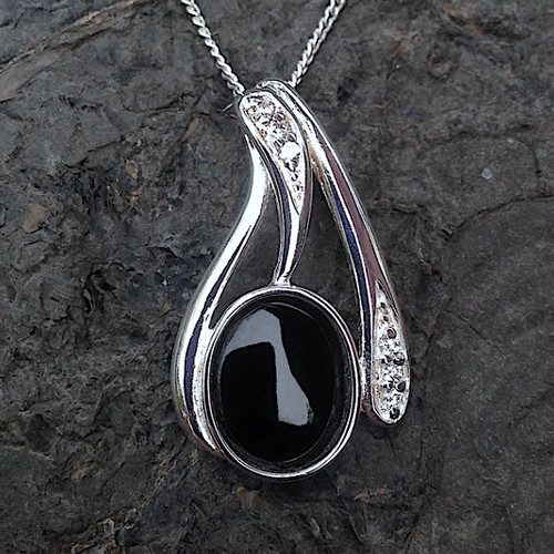 Sparkly Sterling silver Whitby Jet cubic zirconia asymmetrical pendant with 18 inch chain