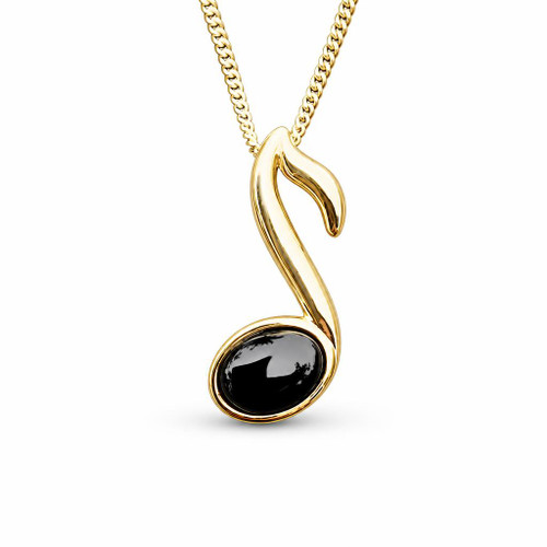 Hand crafted Whitby Jet 9ct gold music pendant with gold curb chain