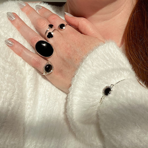 Extra large oval silver ring with shiny natural black gemstone with gift box