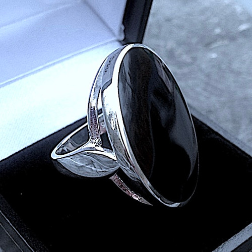 Hand crafted 925 silver statement ring with large oval Whitby Jet stone
