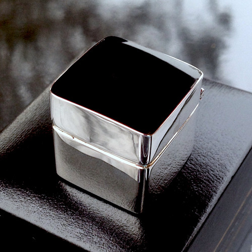 Square 925 sterling silver pill box with hand carved Whitby Jet and hinged lid Square 925 sterling silver pill box with hand carved Whitby Jet and hinged lid