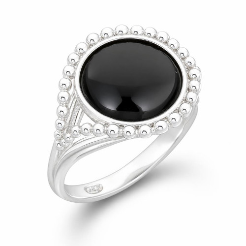 Hand crafted sterling silver beaded split shoulder ring with round Whitby Jet black gemstone 