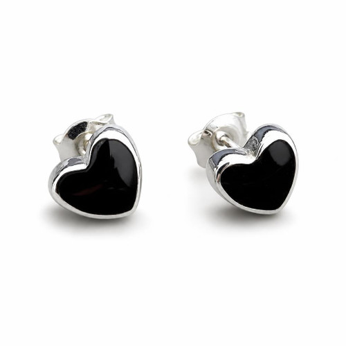 Medium 925 sterling silver Whitby Jet love heart stud earrings