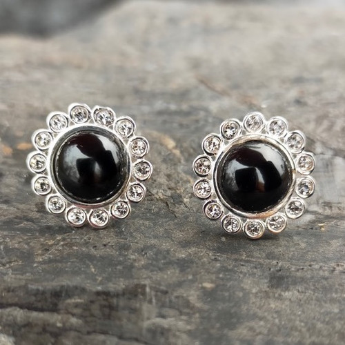 Large round sterling silver stud earrings with Whitby Jet and sparkly cubic zirconia surrounds
