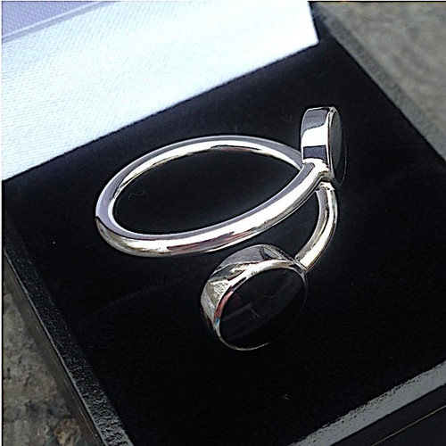 Contemporary Sterling silver and Whitby Jet Two stone open ring