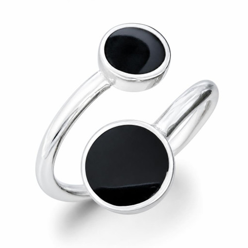 Contemporary hand crafted sterling silver open ring with two round Whitby Jet black gemstones