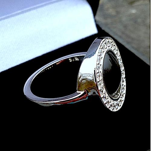 Hand crafted 925 silver sparkly statement ring with Whitby Jet and CZ