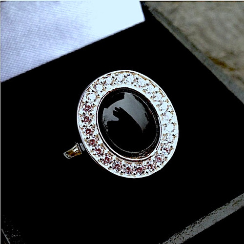 Large oval Whitby Jet sterling silver cubic zirconia statement ring