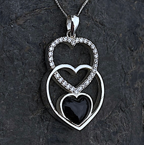 Hand crafted large sterling silver Whitby Jet cubic zirconia triple heart pendant