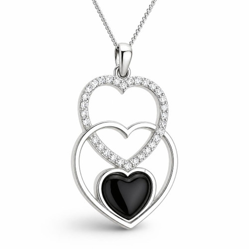 Hand crafted large sterling silver Whitby Jet cubic zirconia triple heart pendant