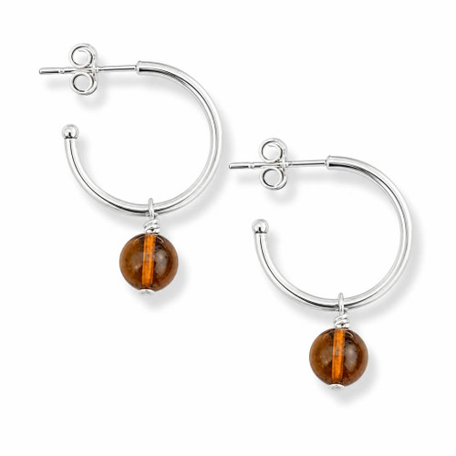 Sterling silver hoop earrings with Baltic cognac amber beads and scroll fastenings