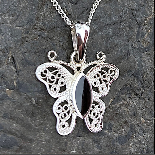 Hand crafted small sterling silver Whitby Jet filigree butterfly pendant on curb chain Hand crafted small sterling silver Whitby Jet filigree butterfly pendant on curb chain