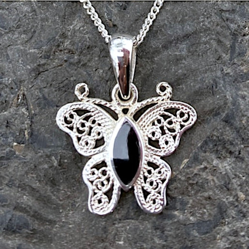 Sterling silver filigree butterfly pendant necklace with marquise cut Whitby Jet