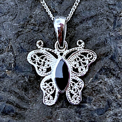 Sterling silver filigree butterfly pendant necklace with marquise cut Whitby Jet