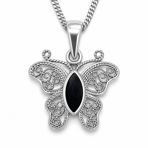 Sterling silver filigree butterfly pendant necklace with marquise cut Whitby Jet
