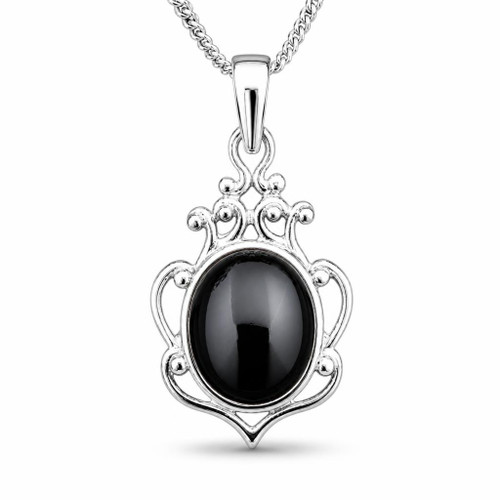 Hand crafted sterling silver Whitby Jet fancy oval pendant necklace 