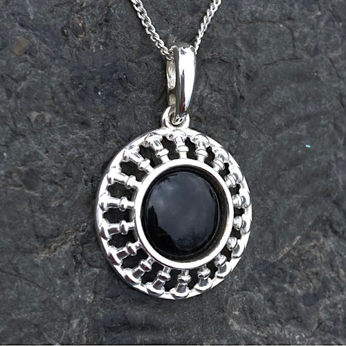 Sterling Silver wheel necklace with circular Whitby Jet cabochon on 925 silver curb chain