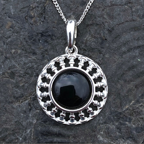 Whitby Jet sterling silver wheel pendant necklace with round cabochon