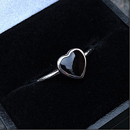 Whitby Jet and sterling silver black heart slim stacking ring