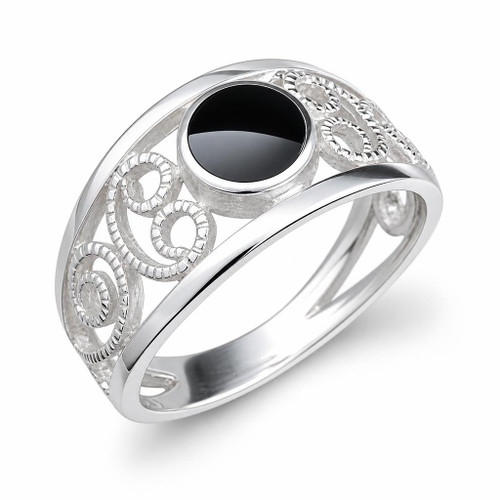 Sterling silver wide fancy filigree ring with hand carved round Whitby Jet black gemstone