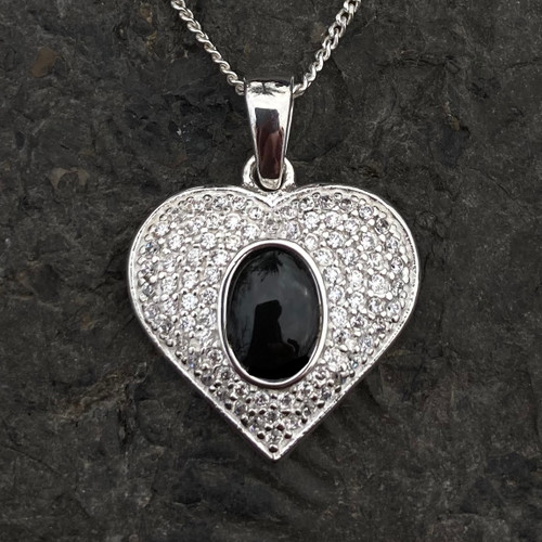 Hand crafted sterling silver Whitby Jet cubic zirconia heart necklace