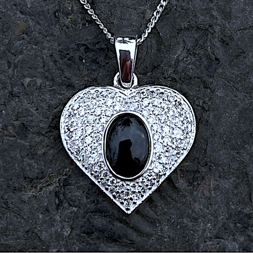 Hand crafted sterling silver Whitby Jet cubic zirconia heart necklace