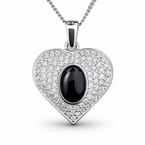 Hand crafted sterling silver Whitby Jet cubic zirconia heart necklace