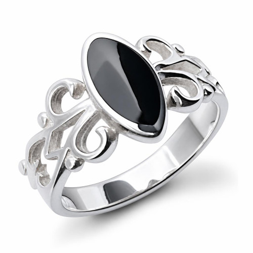 Hand crafted sterling silver fancy filigree ring with marquise cut Whitby Jet black gemstone 