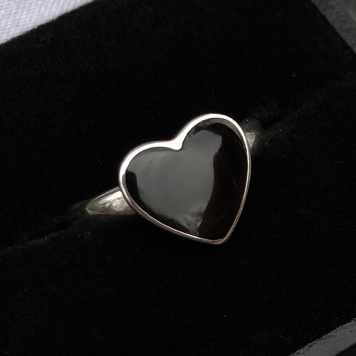 Medium sterling silver ring with hand carved Whitby Jet love heart in gift case