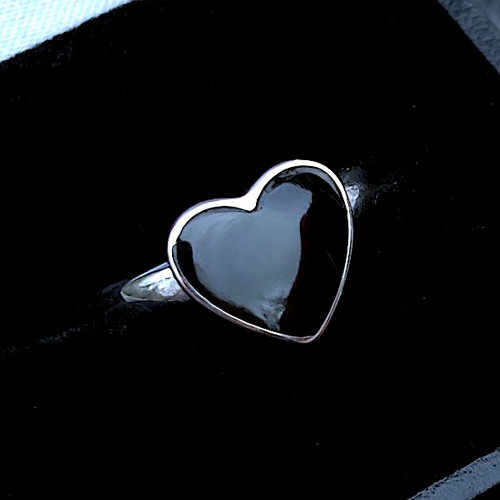 Medium sterling silver ring with hand carved Whitby Jet love heart in gift case
