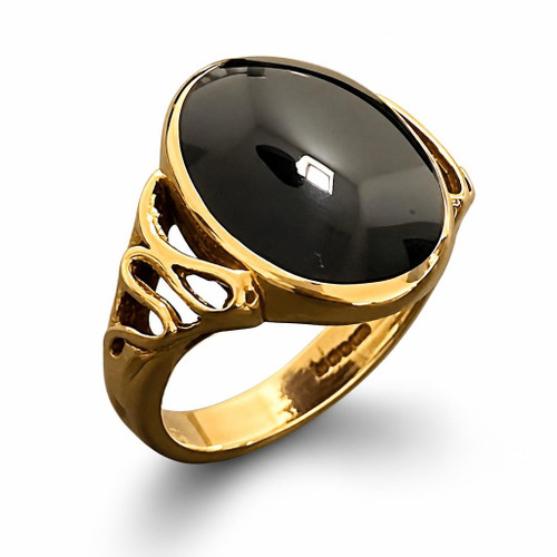 Handmade 9ct yellow gold fancy oval split shoulder ring with oval Whitby Jet black gemstone