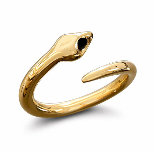 Handmade contemporary 9ct yellow gold open smooth snake ring with black Whitby Jet eyes