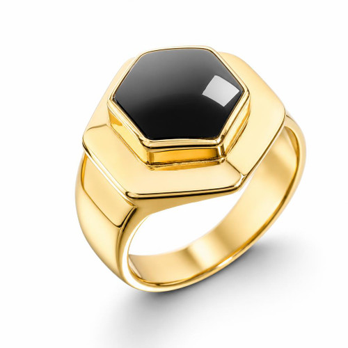 Gents handmade heavy 9ct yellow gold ring with hand carved polished hexagon Whitby Jet stone 