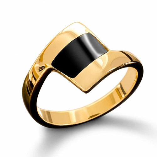 Contemporary handmade 9ct yellow gold offset oblong inlaid Whitby Jet ring