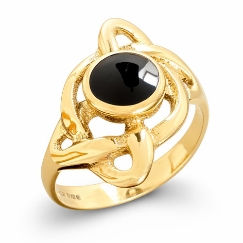 Celtic 9ct yellow gold offset ring with hand carved round Whitby Jet stone handmade in Whitby