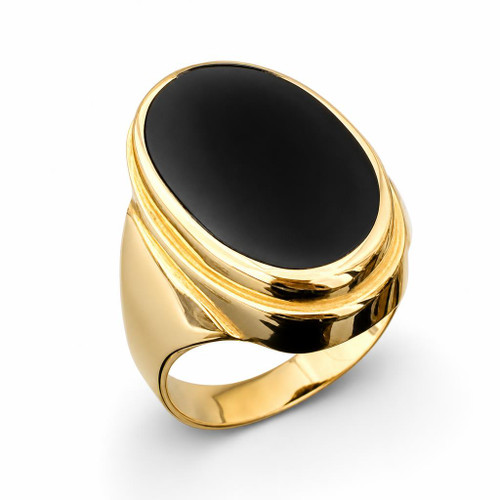 Large handmade deep oval 9ct yellow gold statement ring with wide curved shoulder and Whitby Jet stone