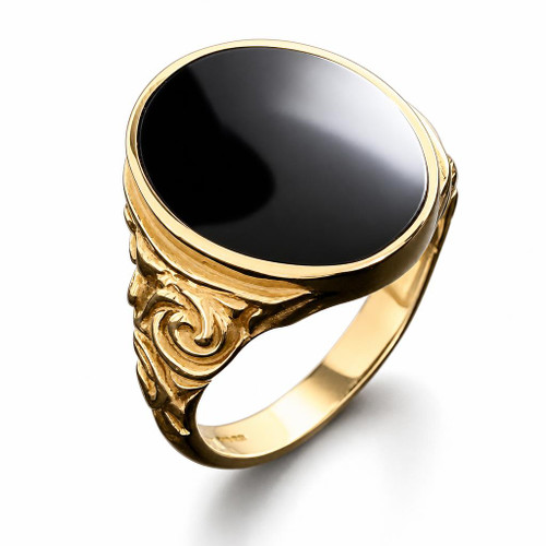 Gents 9ct yellow gold oval Whitby Jet fancy signet ring with carved shoulder handmade in Whitby 